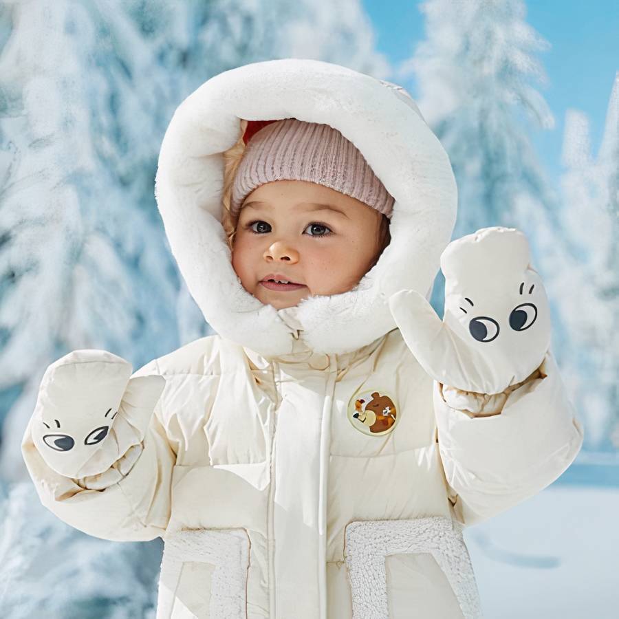 Doudoune bébé douillette pour bébé beige avec capuche – Image 3