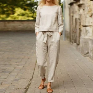 Ensemble Femme Deux Pièces en Coton – Blouse Manches Longues Élégante et Pantalon Taille Haute Relaxé – Respirant, Doux et Confortable au Quotidien