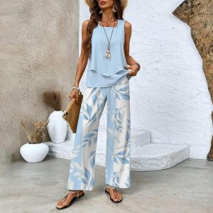 Ensemble d'Été Respirant Élégant Femme 2 Pièces – Haut Sans Manches Léger et Pantalon Taille Haute Large Assorti pour Journées Décontractées et Chic