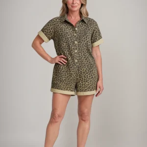 Combinaison Courte Imprimée Léopard Femme – Décontractée Boutonnée Légère