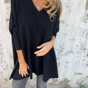 Pull Femme Oversize À Col V Tricoté en Noir