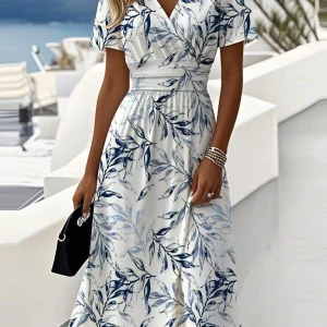 Robe Midi Fleurie Élégante Femme Col V – Silhouette Évasée à Manches Courtes