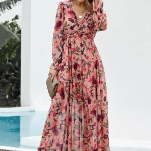 Robe Maxi Bohème en Chiffon à Fleurs Femme – Style Élégant Fluide à Manches Longues