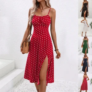 Robe Midi à Pois avec Fente Femme – Robe d’Été Élégante Sans Manches