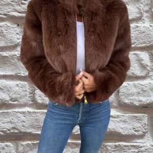 Veste Femme Courte Zippée Manches Longues Avec Fausse Fourrure