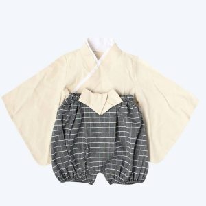 Kimono rétro beige et gris pour bébé avec haut à manches courtes