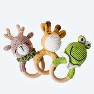 Hochet en bois avec anneau de dentition pour bébé