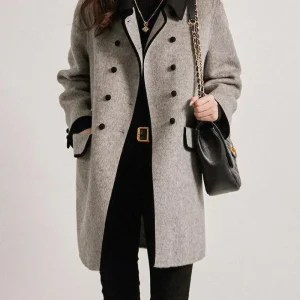 Manteau en laine contrastée premium pour femme – Élégant à boutons