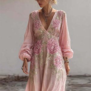 Robe Maxi Florale Rétro pour Femme – Coupe Ample Col en V Style Élégant