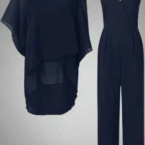 Ensemble de Luxe Femme Jumpsuit et Blouse Épaule Asymétrique en Mousseline – Tenue Élégante Légère Fluide Deux Pièces