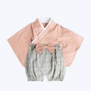 Kimono rétro rose et gris pour bébé avec haut à manches courtes