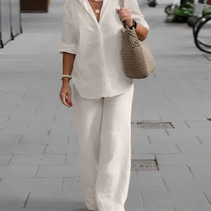 Ensemble Lin Confortable Femme – Chemise Boutonnée Décontractée et Pantalon Large