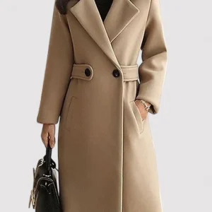 Manteau d’Hiver Élégant en Laine avec Boucle Fine et Revers – Parfait pour l’Hiver