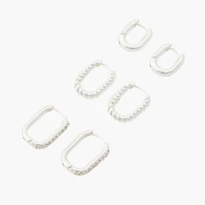 Set de 3 paires de créoles rectangulaires argentées