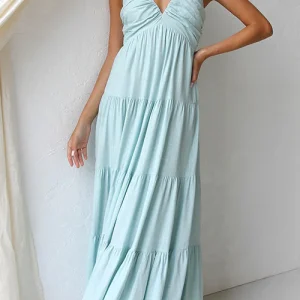 Robe Maxi en Lin Margovil – Col V avec Volants et Jupe à Niveaux Sans Manches