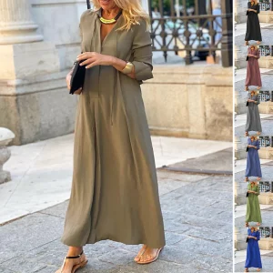 Robe Maxi Femme Coupe Décontractée à Col V – Style Élégant à Manches Longues