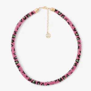 Collier effet serpent en perles de rocaille roses et vertes