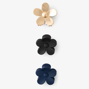 Set de 3 pinces à cheveux fleurs dorées, noires et bleu marine