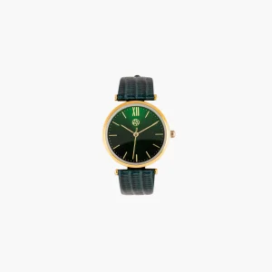 Montre cadran rond bracelet effet lézard vert