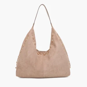 Sac hobo porté épaule effet suédé beige et clouté
