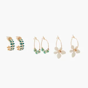 Set de 3 mini créoles épis, fleurs et pierres facettées