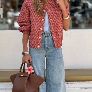 Veste Rouge Vintage Imprimée Femme – Style Décontracté Léger à Boutons