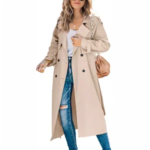 Manteau Long Chic à Double Boutonnage pour Femme – Vêtement d’Extérieur Élégant Coupe-Vent