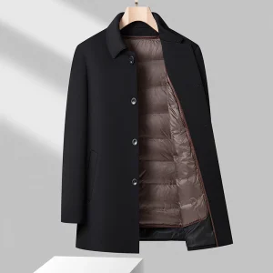 Veste mi-longue pour homme en laine mélangée – Manteau noir haut de gamme doublé de duvet amovible