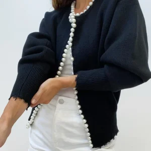 Cardigan Tricoté Femme Orné de Perles – Maille Élégante Manches Longues en Mélange de Coton