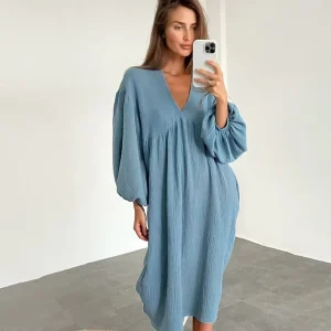 Robe Midi Décontractée pour Femme – Robe Ample à Col en V
