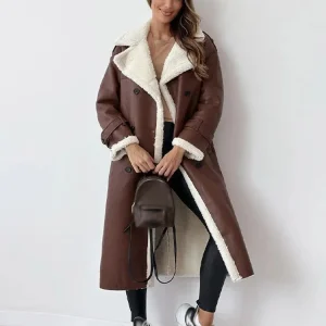 Manteau Femme à Revers et Doublure Sherpa – Long Vêtement d’Hiver Élégant