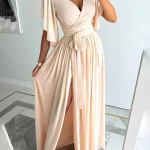 Robe de Soirée Maxi Élégante à Fente Latérale pour Femme – Coupe Fluide Col V avec Ceinture et Manches Courtes