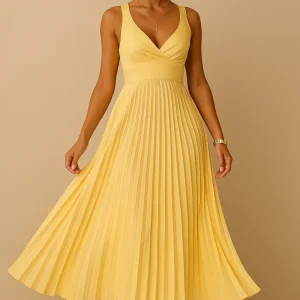 Robe longue élégante sans manches à col en V flatteur femmes – Robe de soirée légère plissée avec dos nu pour événements formels
