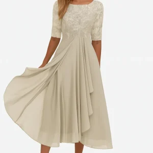 Robe Élégante Femme à Manches Courtes – Chiffon et Dentelle A-Line Midi