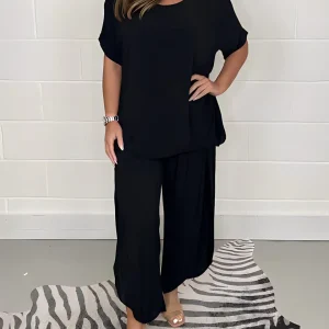 Ensemble Deux Pièces Élégant Femme – Haut à Manches Courtes et Pantalon Large Décontracté