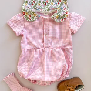 Barboteuse bébé Albertine – Vichy rose & col Claudine blanc