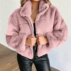 Veste Teddy Douce et Confortable pour Femme – Manteau Court Zippé à Col Haut