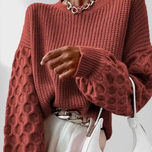 Pull Femme à Manches Lanternes – Pull Tricoté Confortable et Ample pour l’Automne