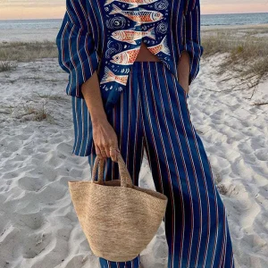 Ensemble Deux Pièces en Lin Femme – Chemise Manches Longues Imprimé Koi Bleu et Pantalon Large