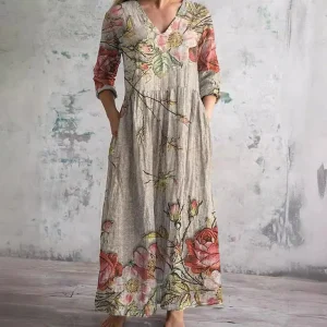 Robe Maxi Fleurie d’Été à Col V pour Femme – Style Boho Longue Robe
