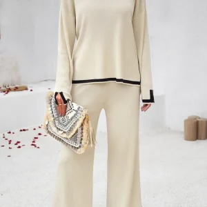 Ensemble Femme Tricoté Élégant Deux Pièces – Haut Col Rond et Pantalon Large