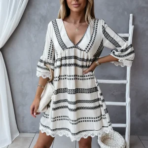 Robe Mini Décontractée Élégante Femme – Col V Style Bohème