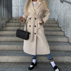 Manteau Élégant à Double Boutonnage pour Femme – Veste d’Hiver Ceinturée à la Taille