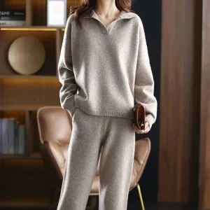 Ensemble Polo en Tricot Chic pour Femmes – Pull Confortable avec Pantalon Large
