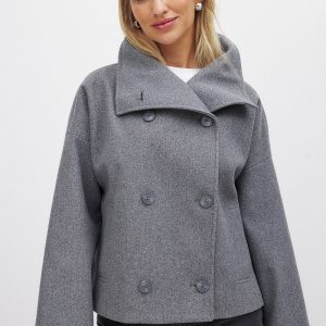 Veste Courte Femme en Laine à Double Boutonnage – Manteau Gris Élégant et Chaud