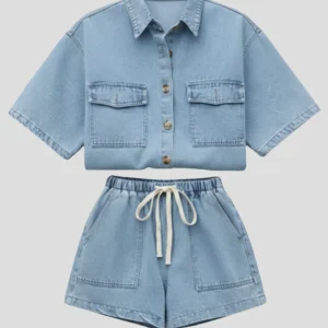 Ensemble Denim Femme - Veste à Manches Courtes et Short Taille Haute