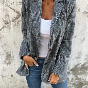 Veste Femme Oversize À Boutons Col Revers À Carreaux