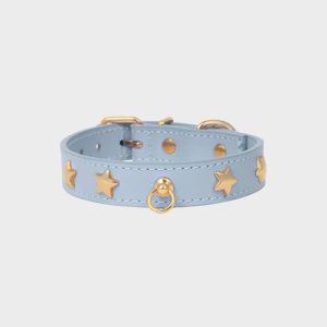 COLLIER EN CUIR POUR CHIEN - BLEU CIEL "NARA" AVEC CLOUS DORÉS ÉTOILE