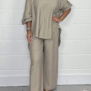 Ensemble Deux Pièces Bohème Élégant Femme – Haut Manches Courtes et Pantalon Taille Haute