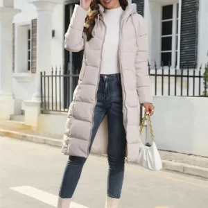 Veste Puffer Longue Zippée pour Femme – Manteau d’Hiver Chaud à Capuche